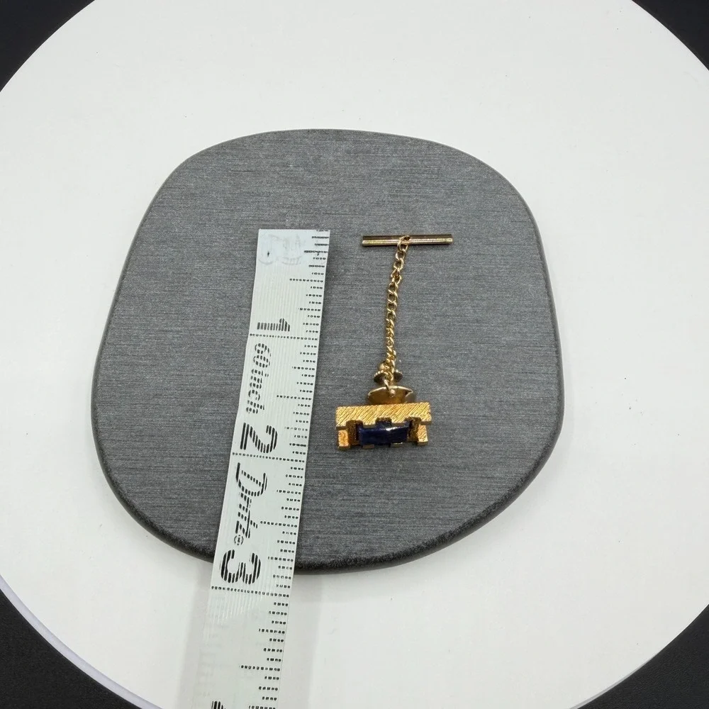 Gold Tone Blue Stone Tie Tack Lapel Pin Textured Square Chain Bar Gift for Him